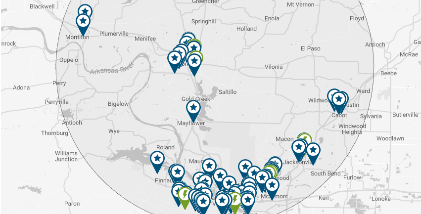 Map of Charging Stations in Central Arkansas