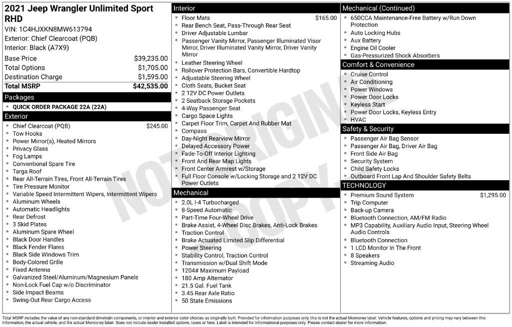 2021 Jeep Wrangler Unlimited Sport RHD 4x4